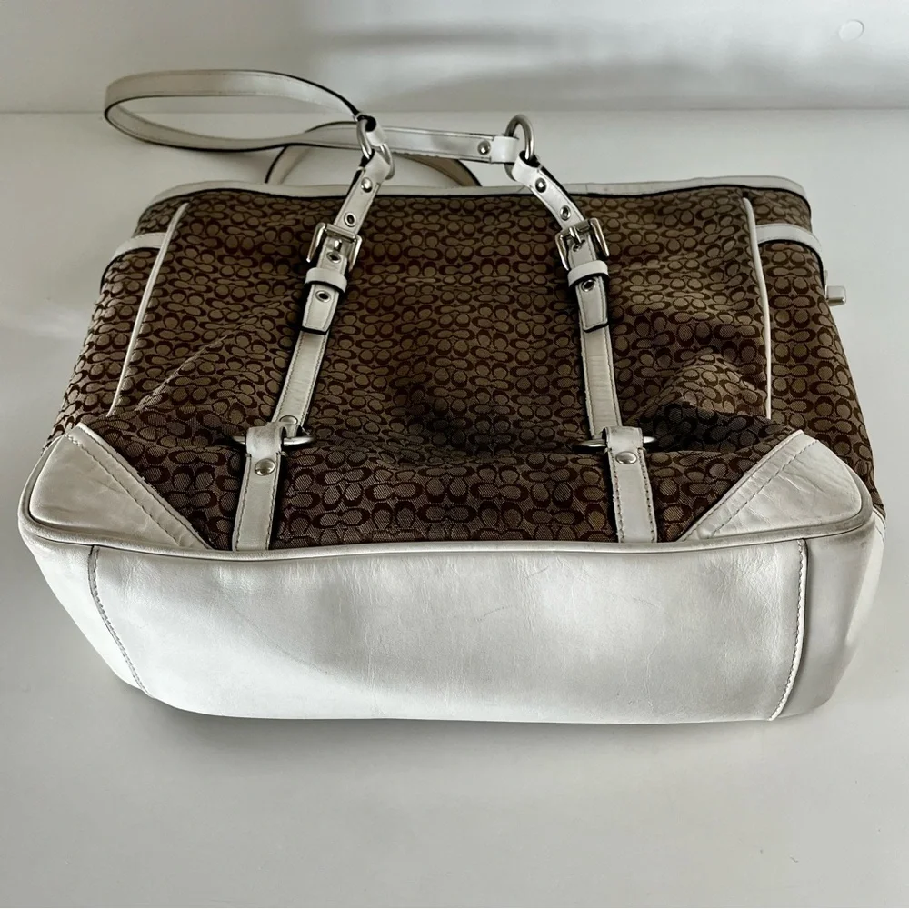 Coach Signature Gallery Tote F11526 Khaki Jacquard White Leather Trim Y2K - Picture 12 of 15
